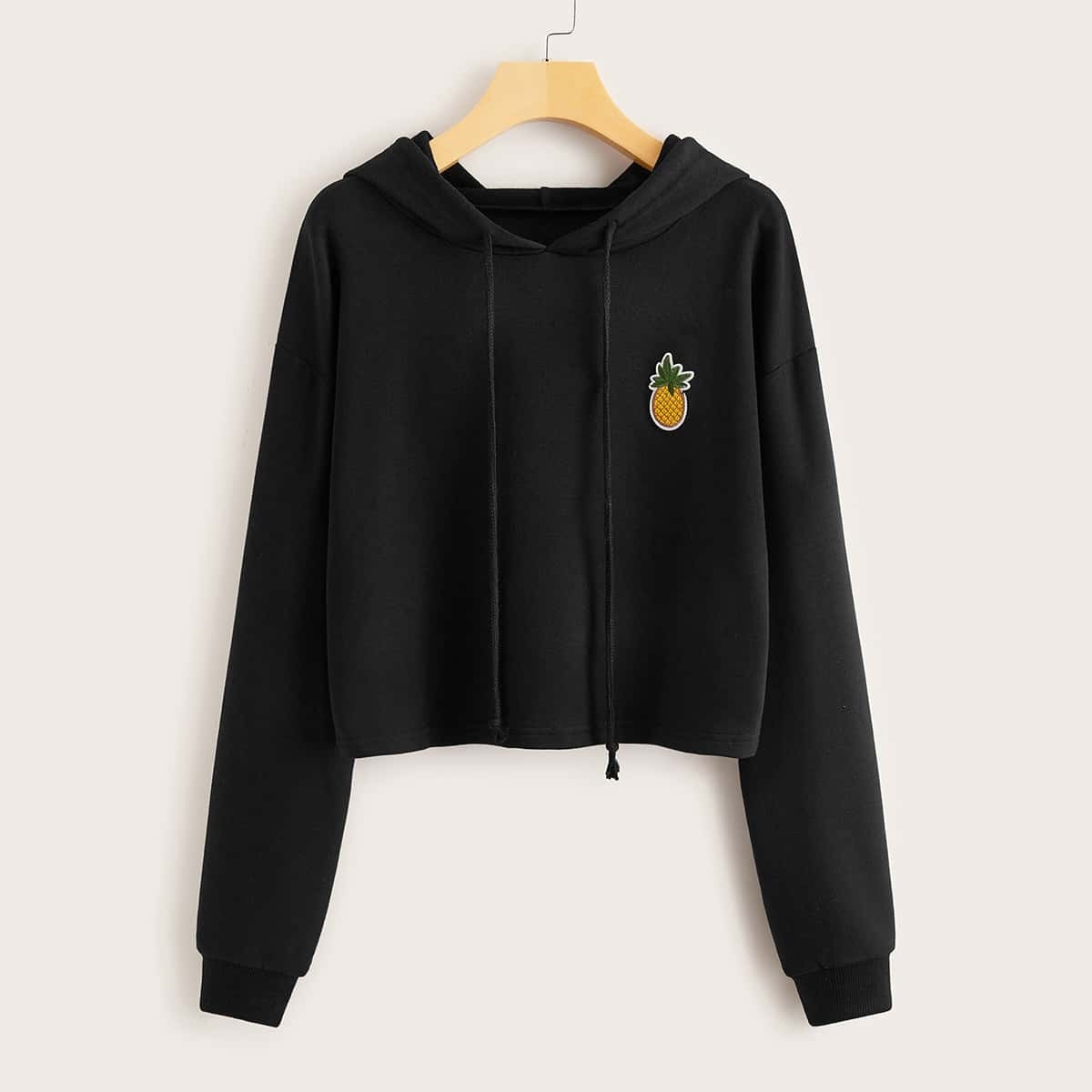 

Drop Shoulder Pineapple Patched Drawstring Hoodie, Black