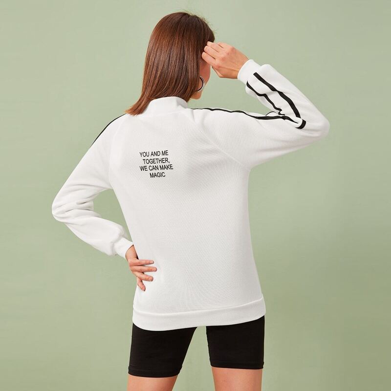 

Side Stripe Letter Print Mock Neck Sweatshirt, White