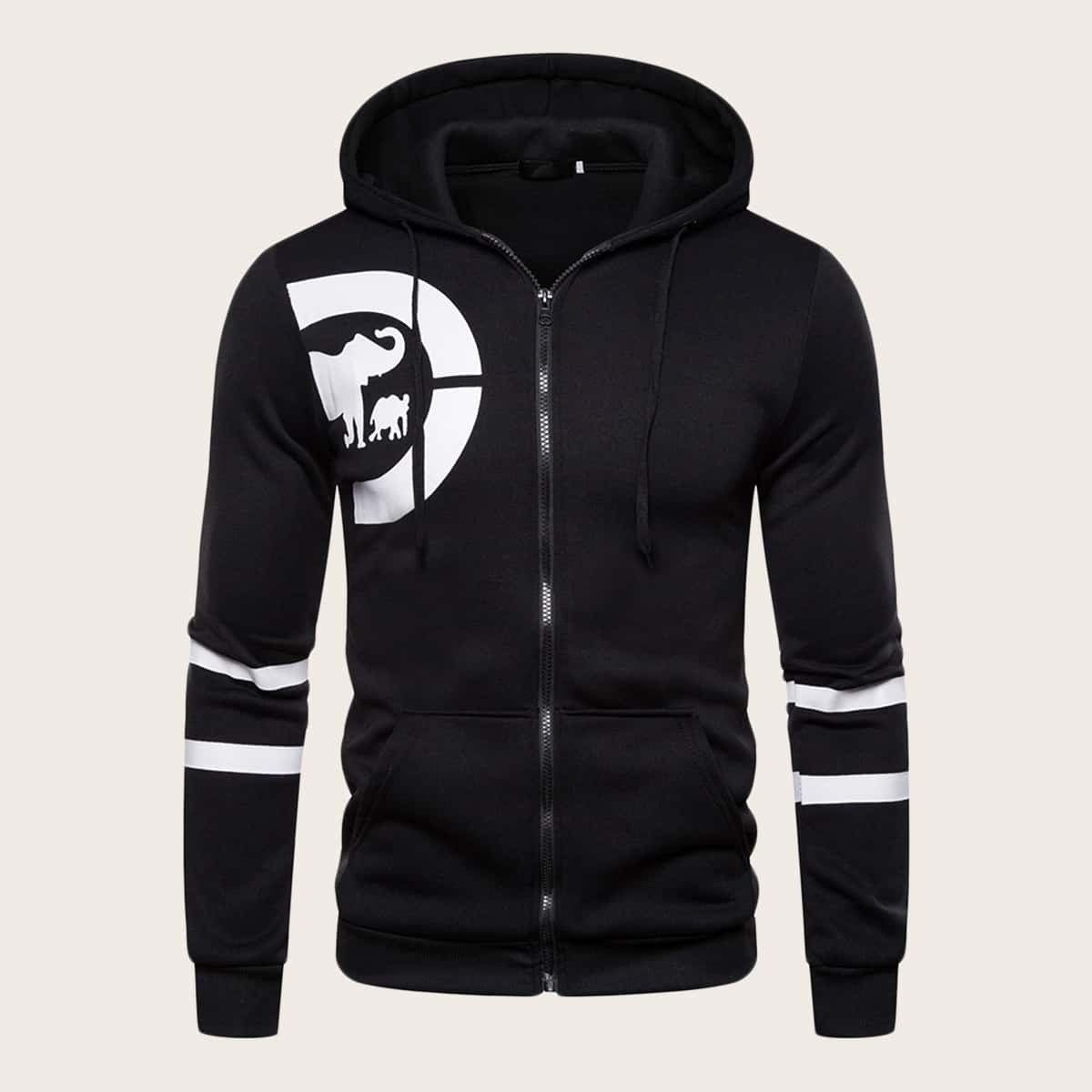 

Guys Graphic Print Varsity Striped Drawstring Hoodie, Black