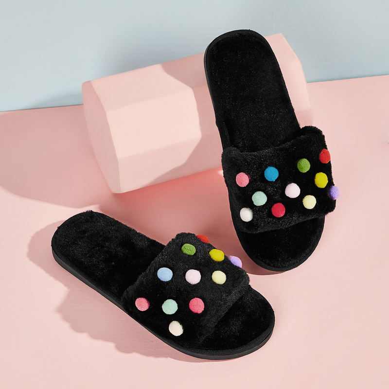

Colorful Pom Pom Decor Plush Slippers, Black