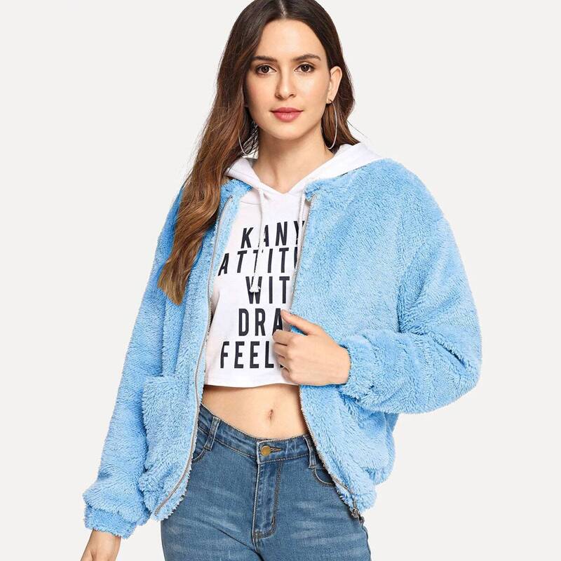 

Solid Zip-up Teddy Jacket, Blue