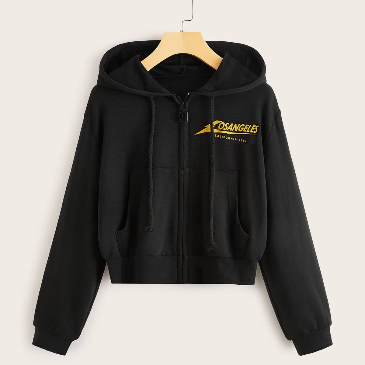 

Letter Print Kangaroo Pocket Zip-up Hoodie, Black