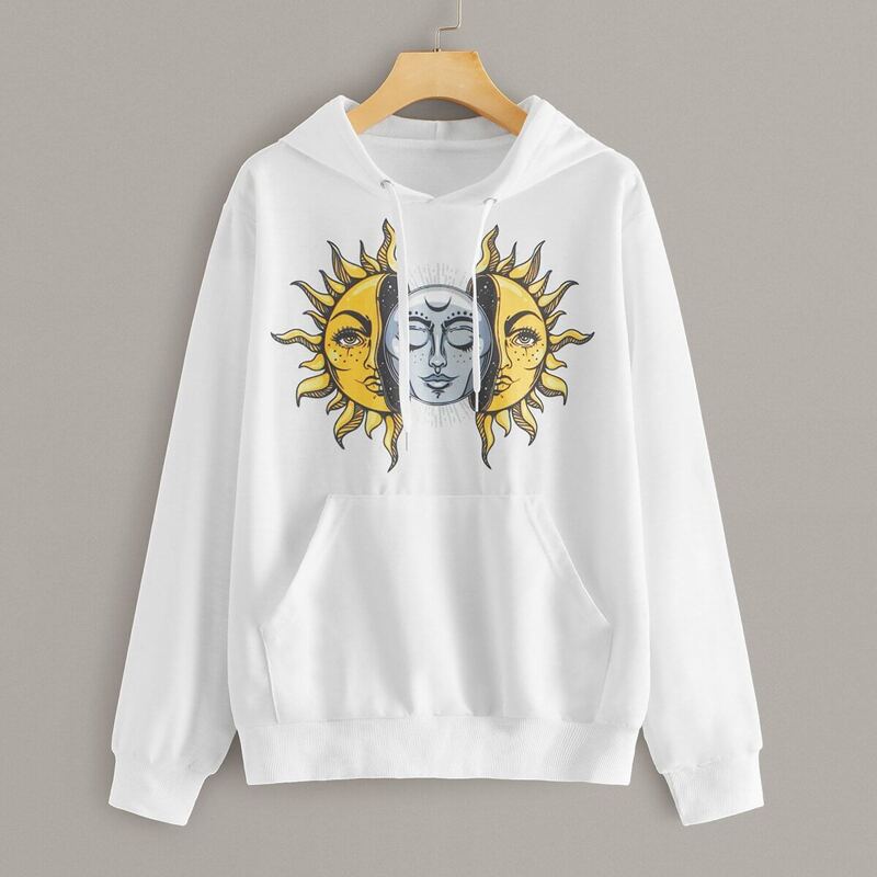 

Sun Print Kangaroo Pocket Drawstring Hoodie, White
