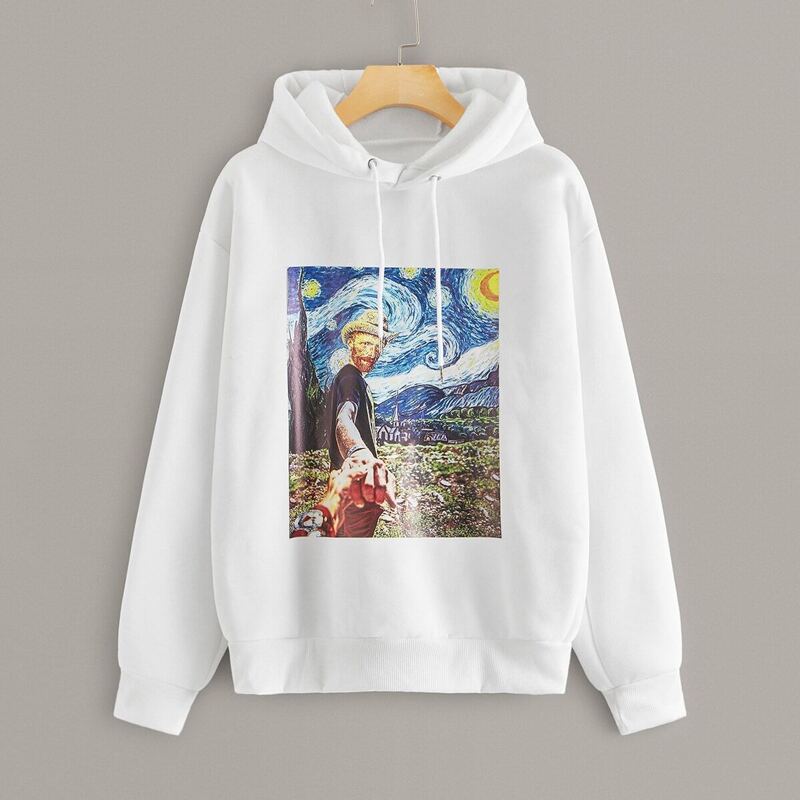 

Oil Painting Print Drawstring Hoodie, White