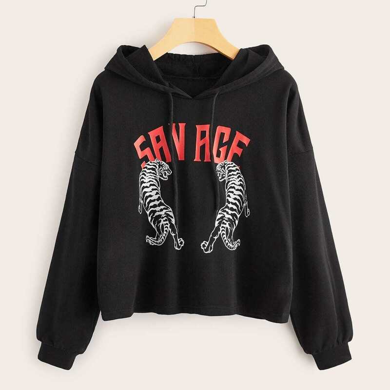 

Letter And Tiger Print Drawstring Hoodie, Black