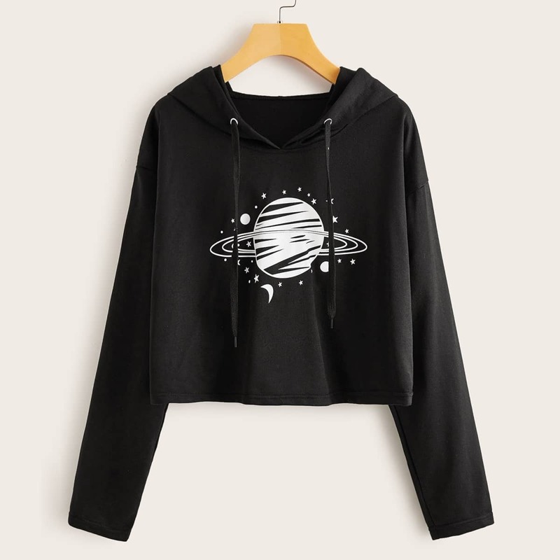 

Planet Print Drawstring Hooded Sweatshirt, Black