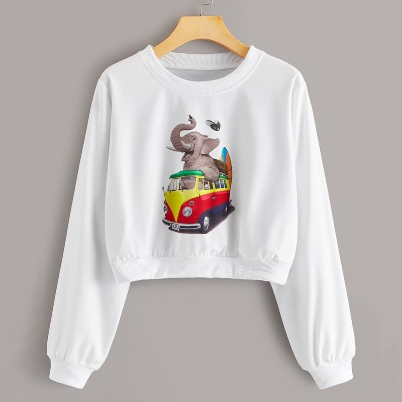 

Elephant & Car Print Crop Sweatshirt, White