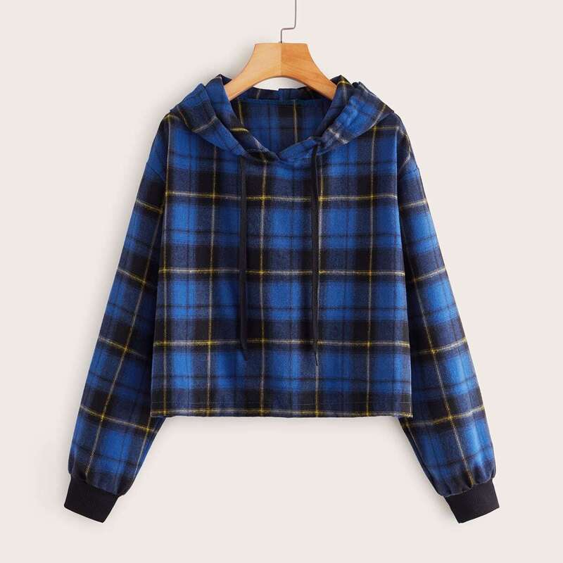 

Plaid Drawstring Drop Shoulder Hoodie, Blue