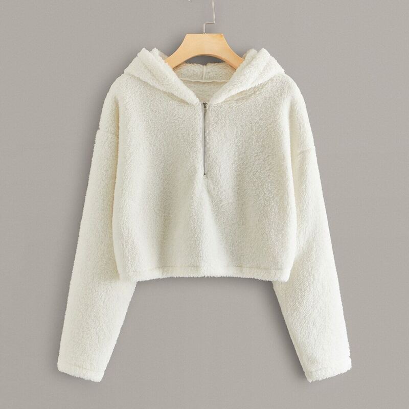 

Solid Half Zip Crop Teddy Hoodie, White