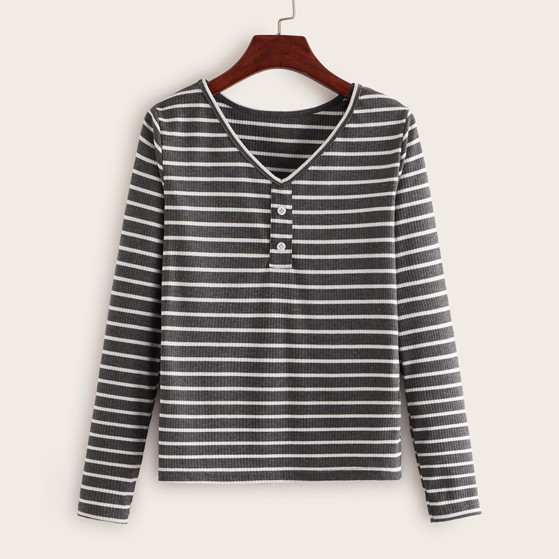 

Striped Button Detail V-neck Ribbed Tee, Grey