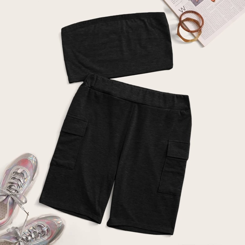 

Solid Tube Top & Side Flap Pocket Cargo Shorts, Black