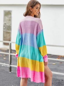 SHEIN Patch Pocket Front Wide Rainbow Stripe Cardigan - Multicolor - View 2
