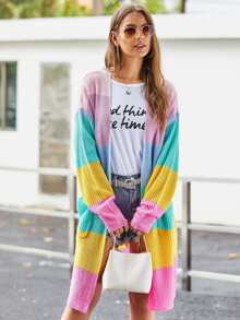 SHEIN Patch Pocket Front Wide Rainbow Stripe Cardigan - Multicolor - View 3