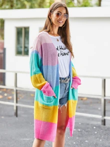SHEIN Patch Pocket Front Wide Rainbow Stripe Cardigan - Multicolor - View 4