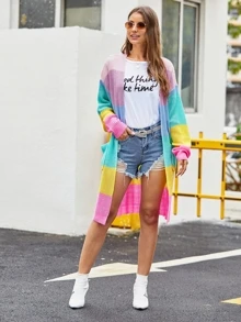 SHEIN Patch Pocket Front Wide Rainbow Stripe Cardigan - Multicolor - View 5