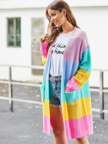 SHEIN Patch Pocket Front Wide Rainbow Stripe Cardigan - Multicolor - View 1