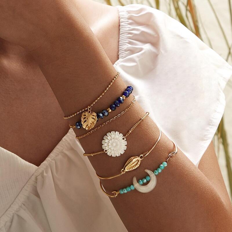 

Leaf & Flower Decor Chain Bracelet 6pcs, Multicolor