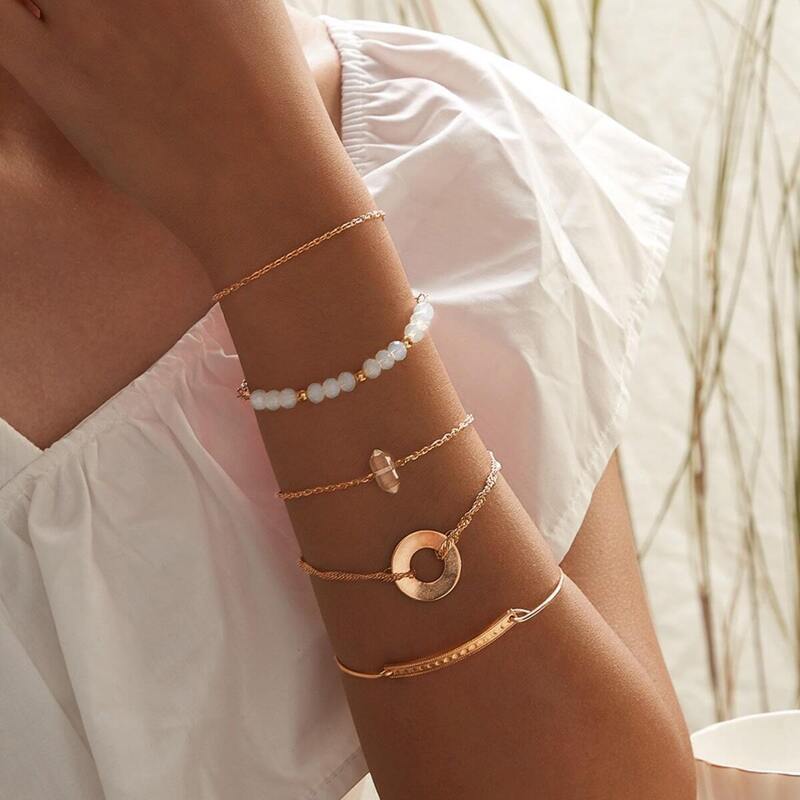 

Ring & Bead Decor Chain Bracelet 6pcs, Gold