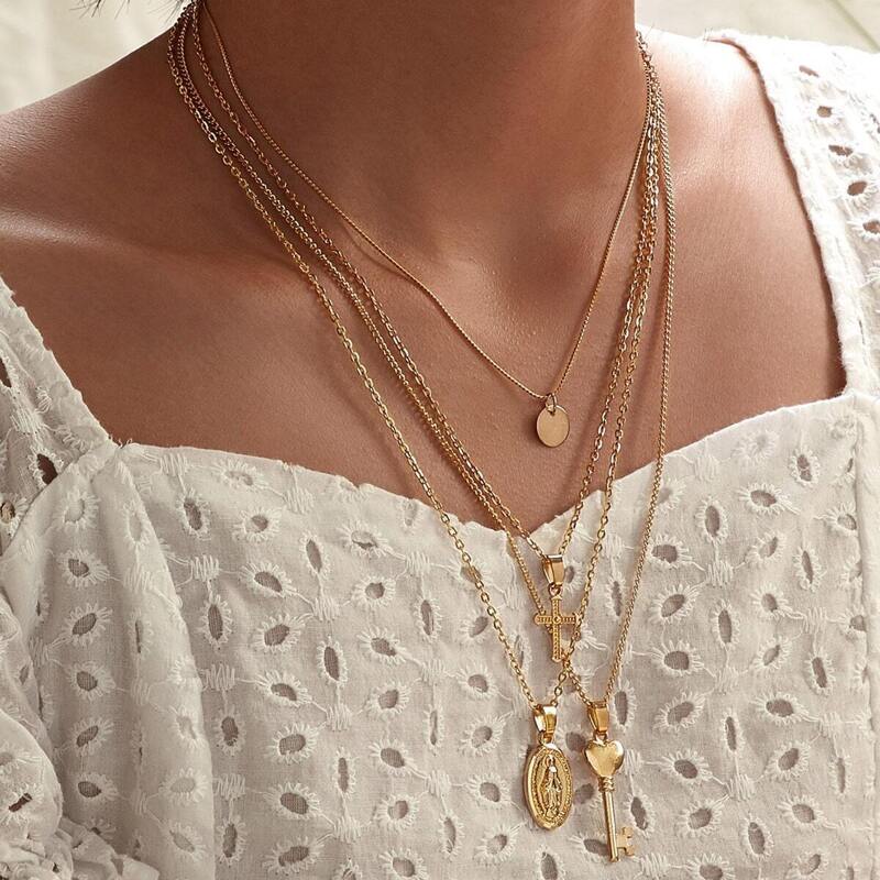

Key & Cross Charm Layered Necklace 1pc, Gold