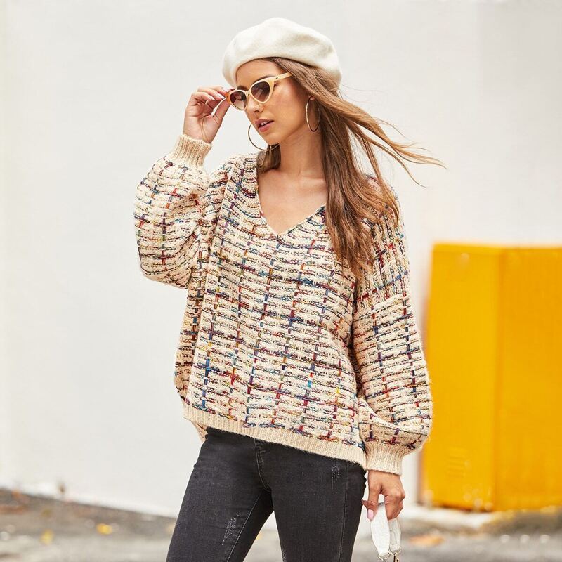 

Slit High Low Hem Boucle Knit Sweater, Multicolor