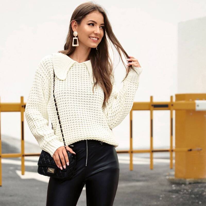 

Peter Pan Collar Waffle Knit Sweater, White