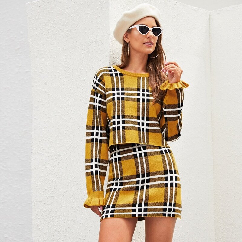 

Plaid Ruffle Cuff Sweater & Bodycon Skirt Set, Yellow bright