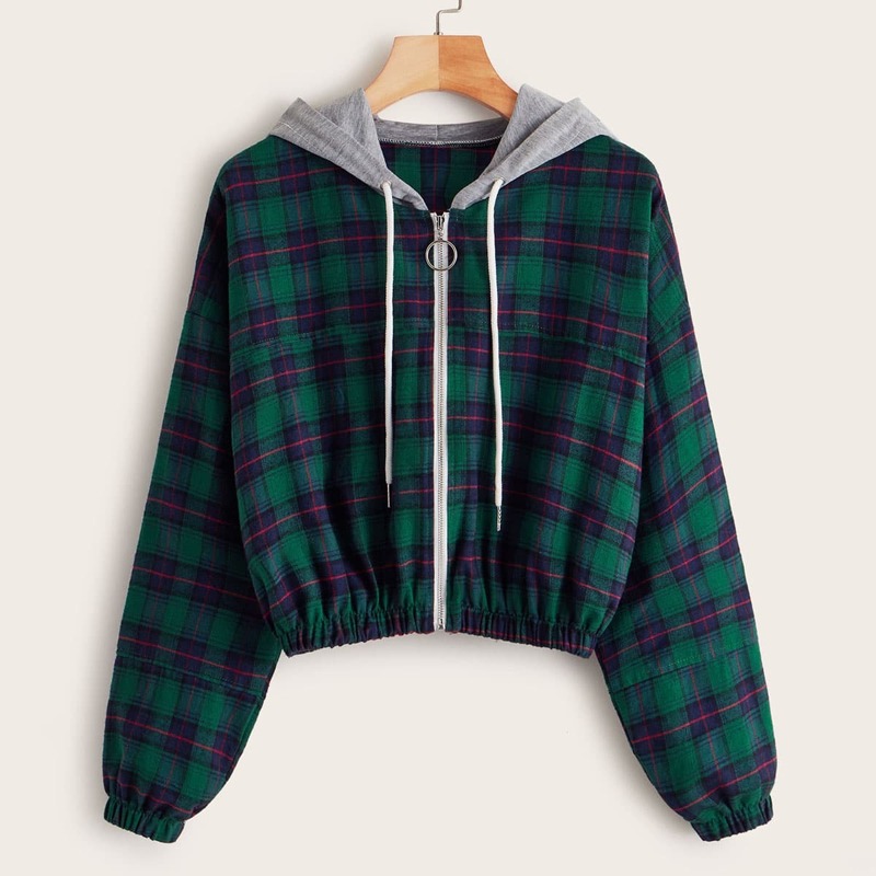 

Plaid Zip Hooded Jacket, Multicolor