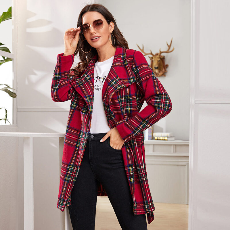 

Tartan Print Open Front Belted Coat, Multicolor