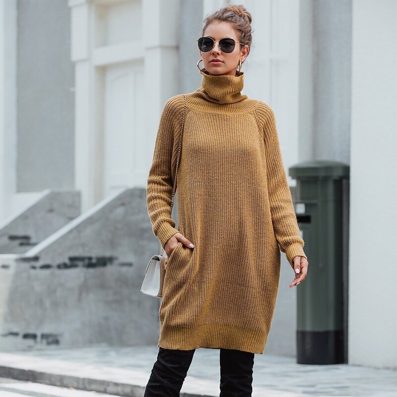 

Solid High Neck Sweater Dress, Camel