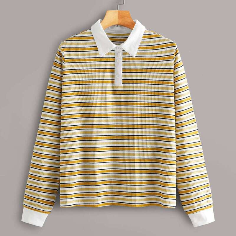 

Contrast Collar Half Placket Striped Polo Tee, Yellow