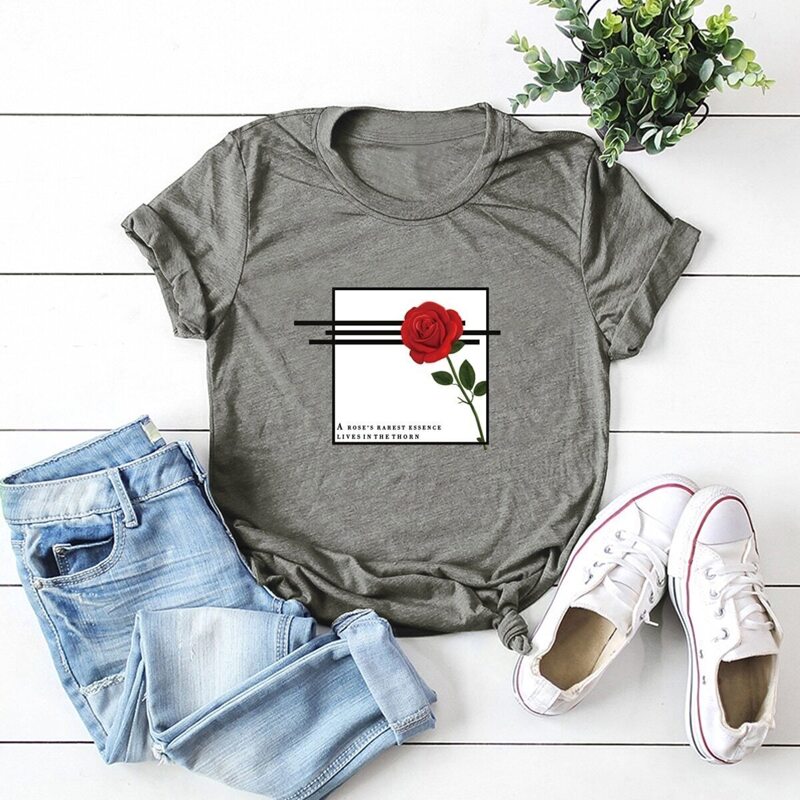 

Round Neck Rose And Slogan Graphic Tee, Grey