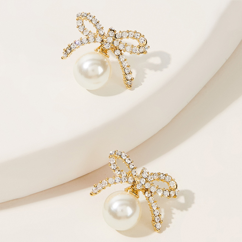 

Bow Knot & Faux Pearl Decor Stud Earrings 1pair, Gold