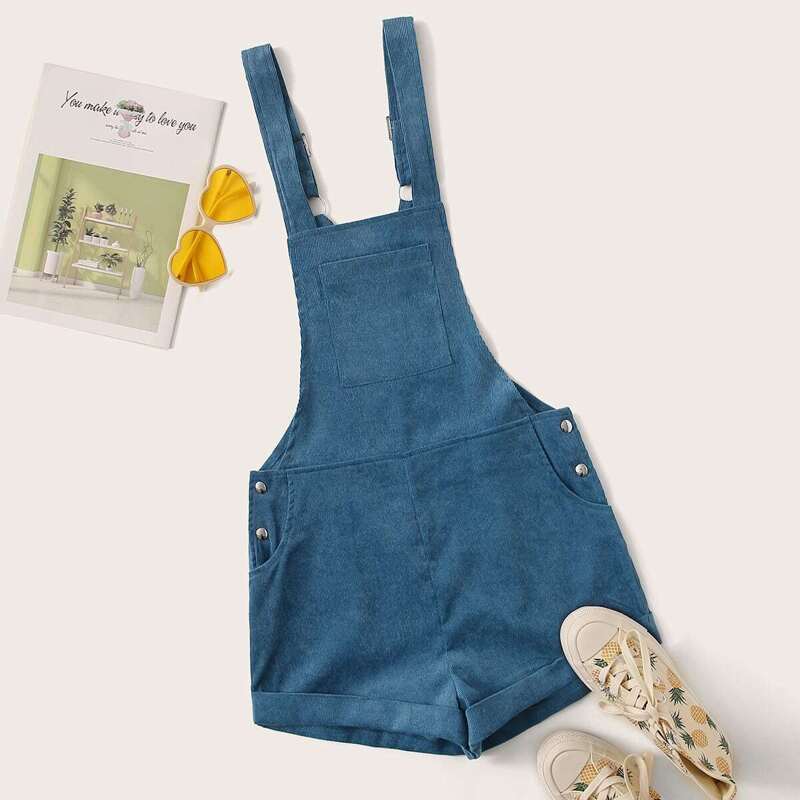 

Rolled Hem Pocket Front Corduroy Romper, Blue