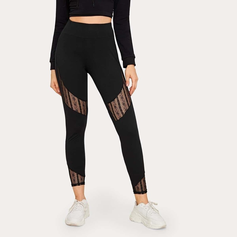 

Contrast Lace Wide Band Waist Leggings, Black