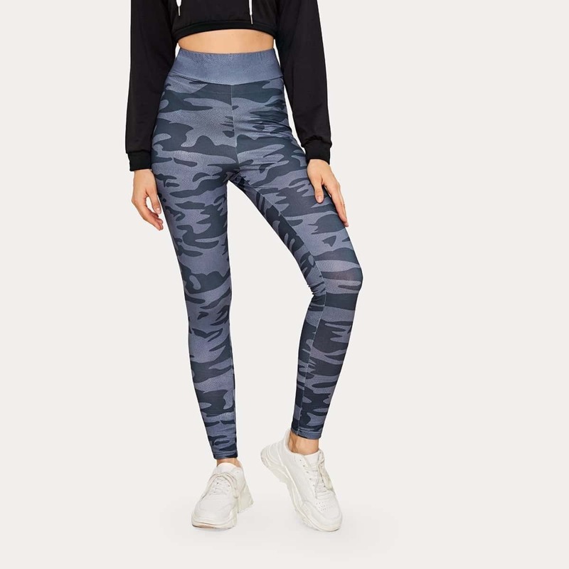 

Camo Print Wide Band Waist Leggings, Grey