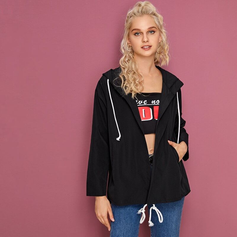 

Pocket Side Drawstring Hooded Coat, Black