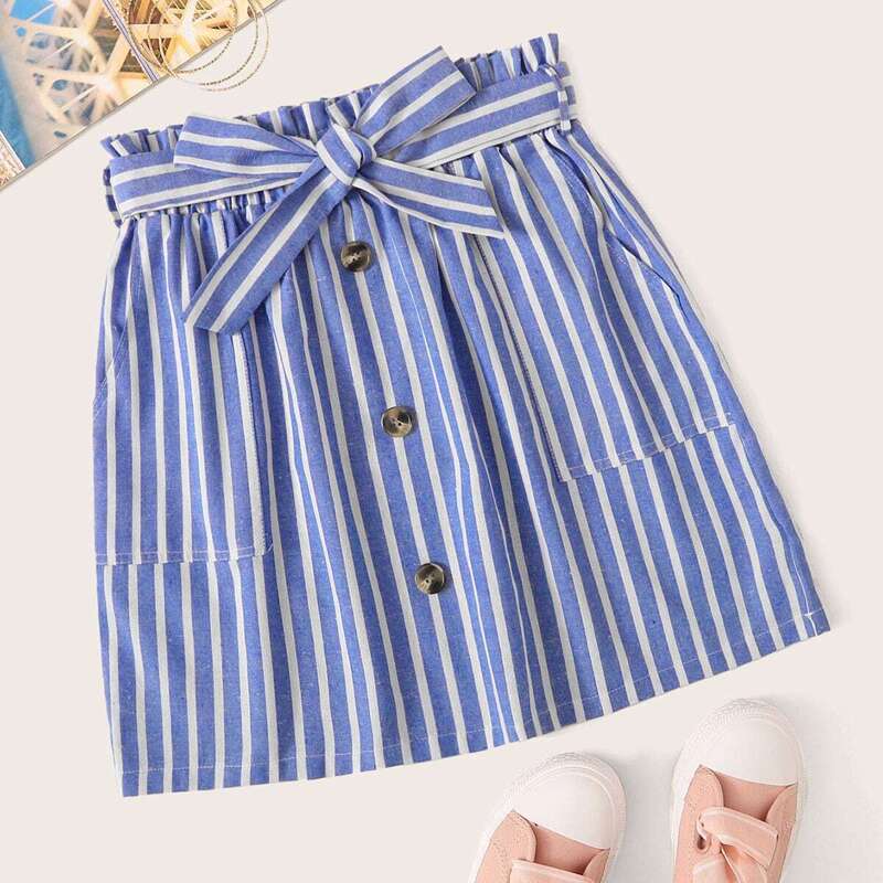

Striped Button Front Self Tie Skirt, Blue