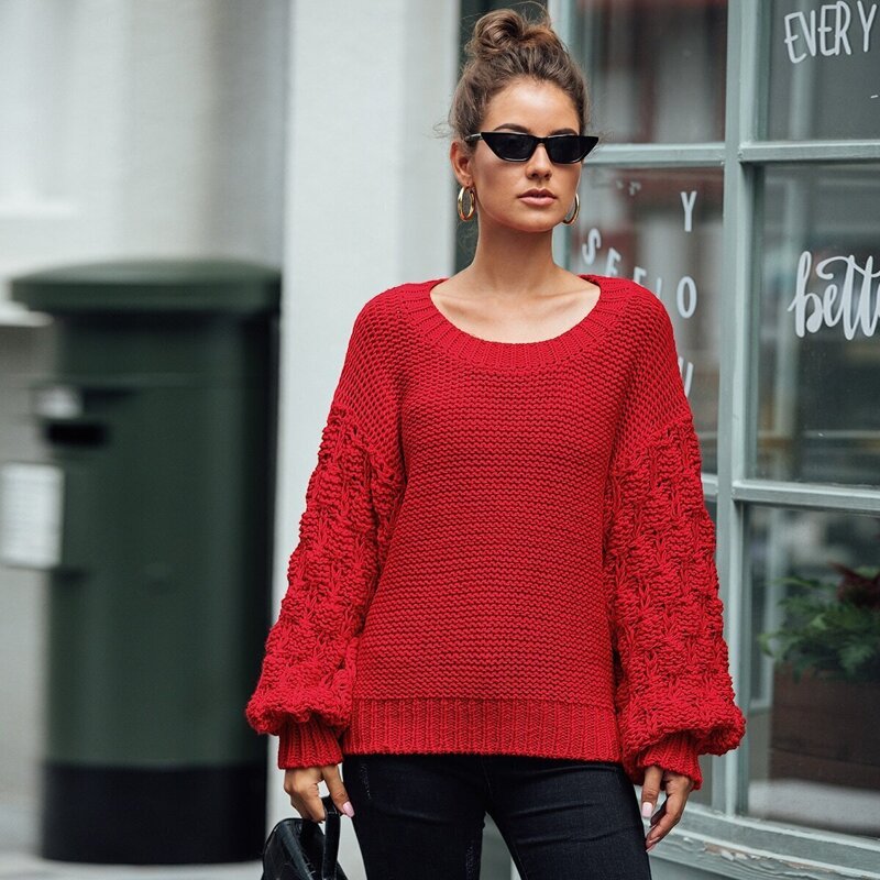 

Drop Shoulder Lantern Sleeve Pullover Sweater, Red