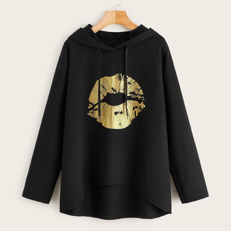 

Lip Print Dip Hem Hooded Sweatshirt, Black