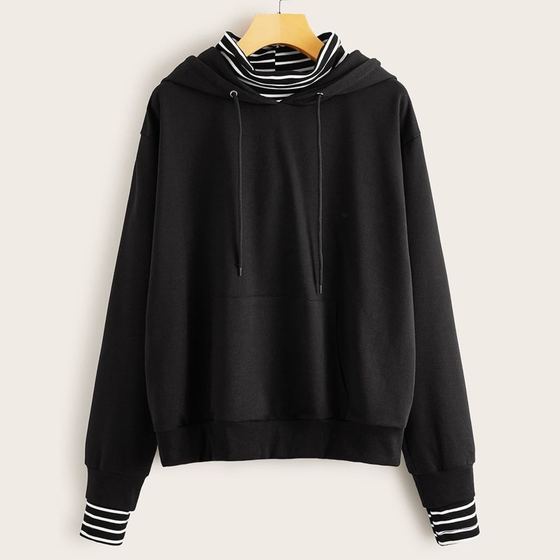 

Contrast Stripe Drawstring Combo Hoodie, Black
