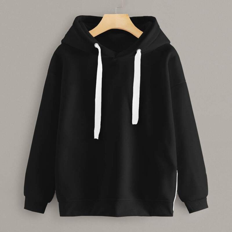 

Drop Shoulder Drawstring Hooded Sweatshirt, Black