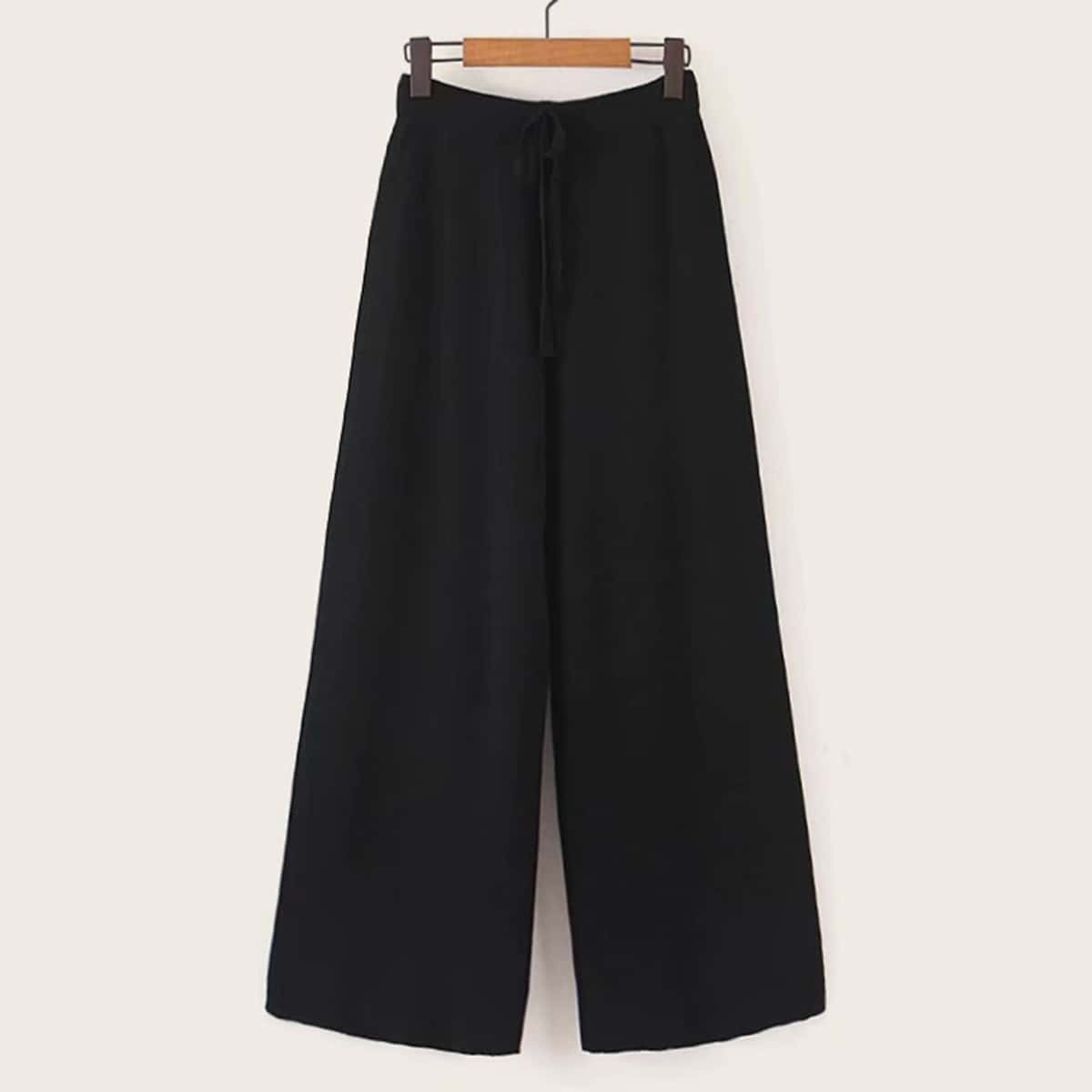 

Solid Drawstring Waist Wide Leg Sweater Pants, Black