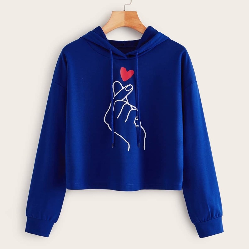 Gesture & Heart Print Drop Shoulder Hoodie, Blue