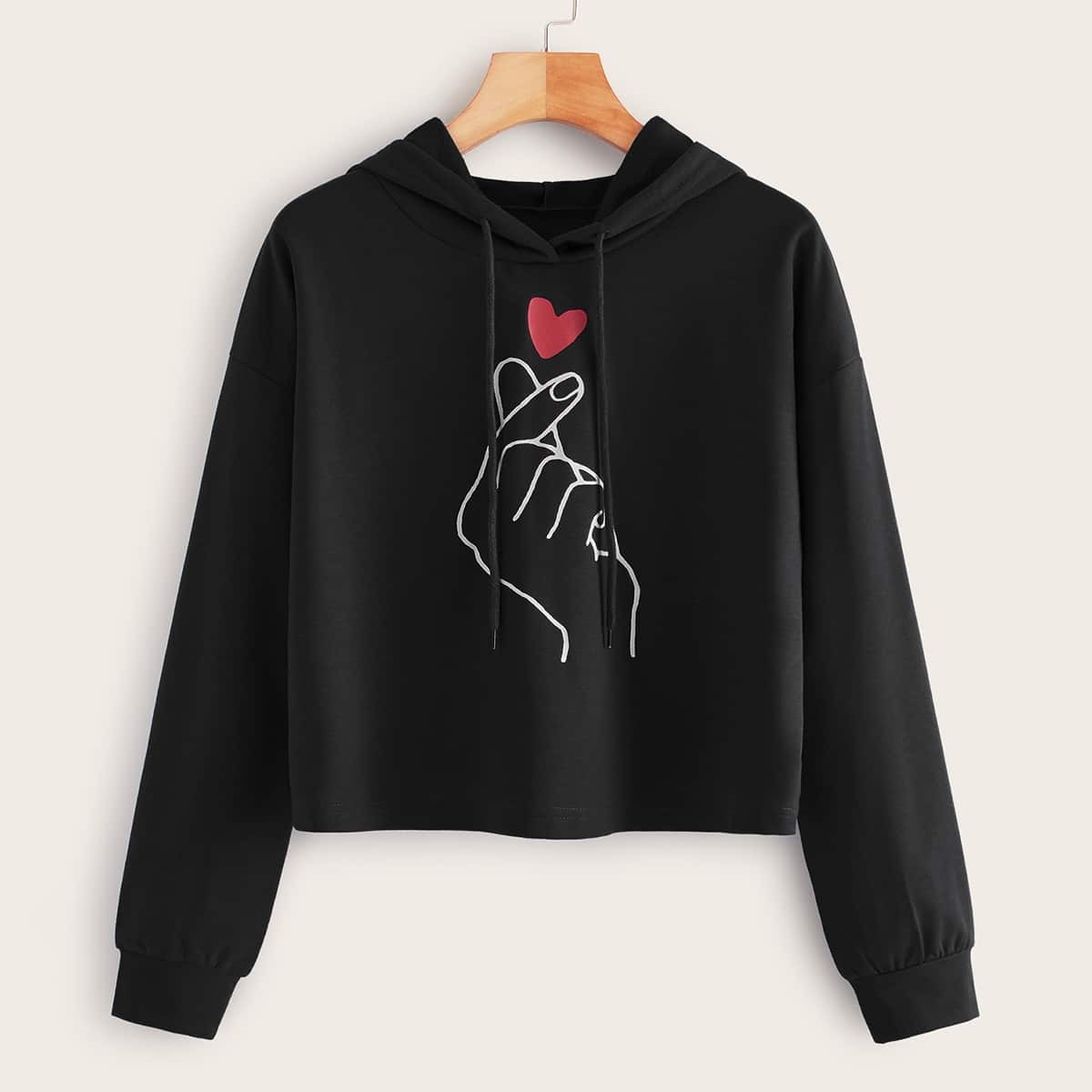 

Gesture & Heart Print Drop Shoulder Hoodie, Black