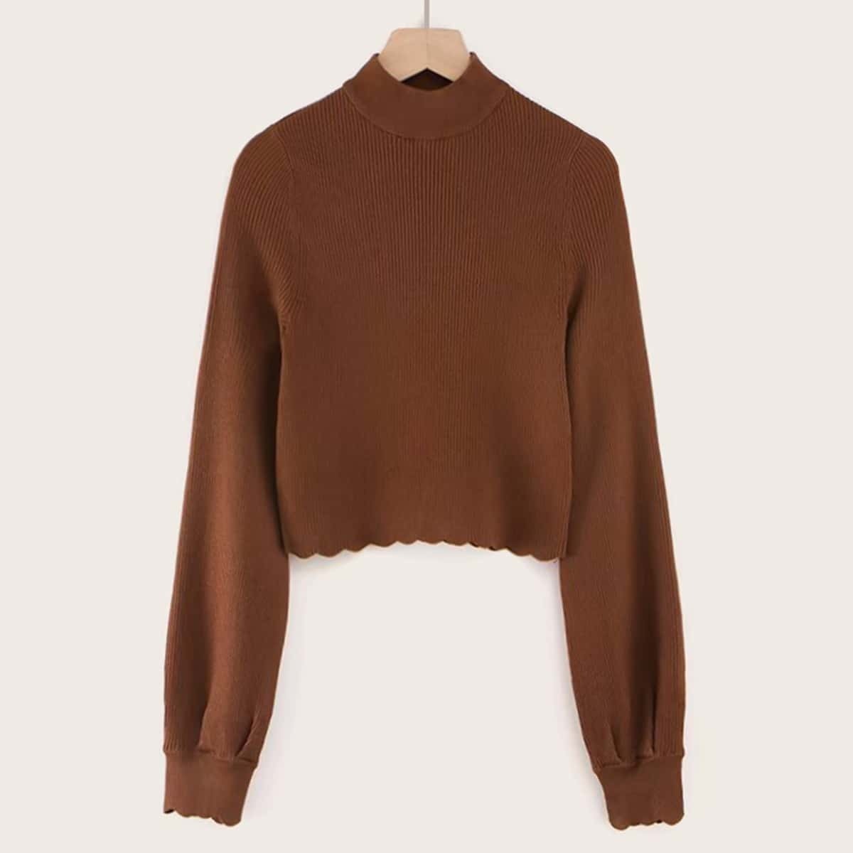 

Stand Collar Scallop Sweater, Brown