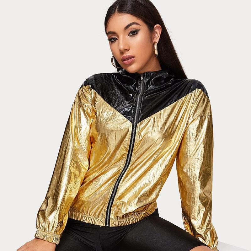 

Zip Front Colorblock Hoodie Metallic Jacket, Gold