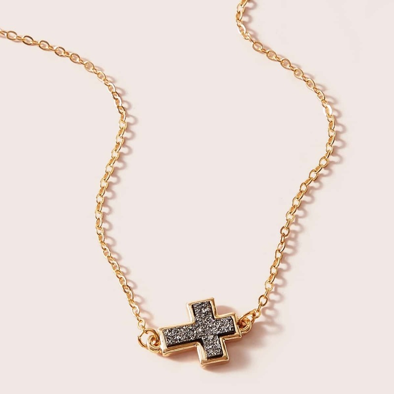 

Rhinestone Engraved Cross Charm Necklace 1pc, Multicolor