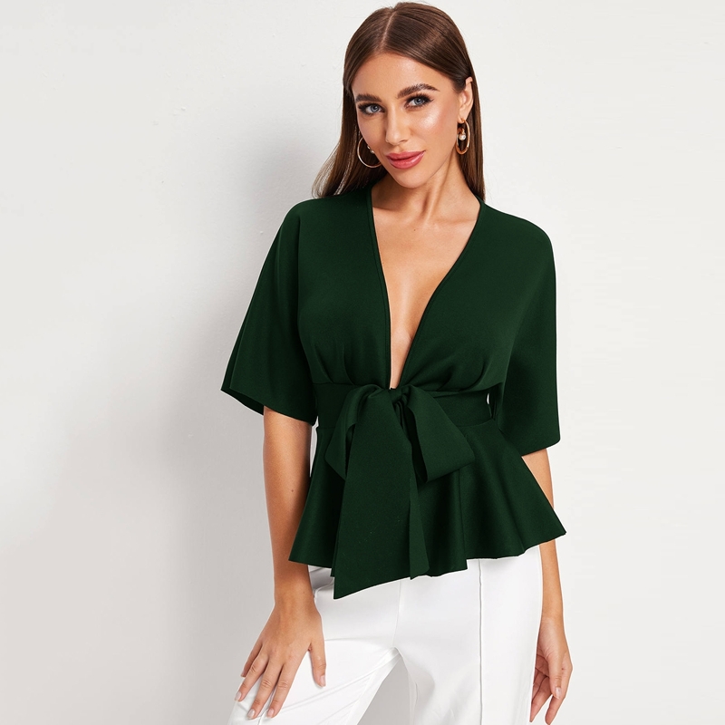 

Plunging Tie Front Peplum Top, Dark green