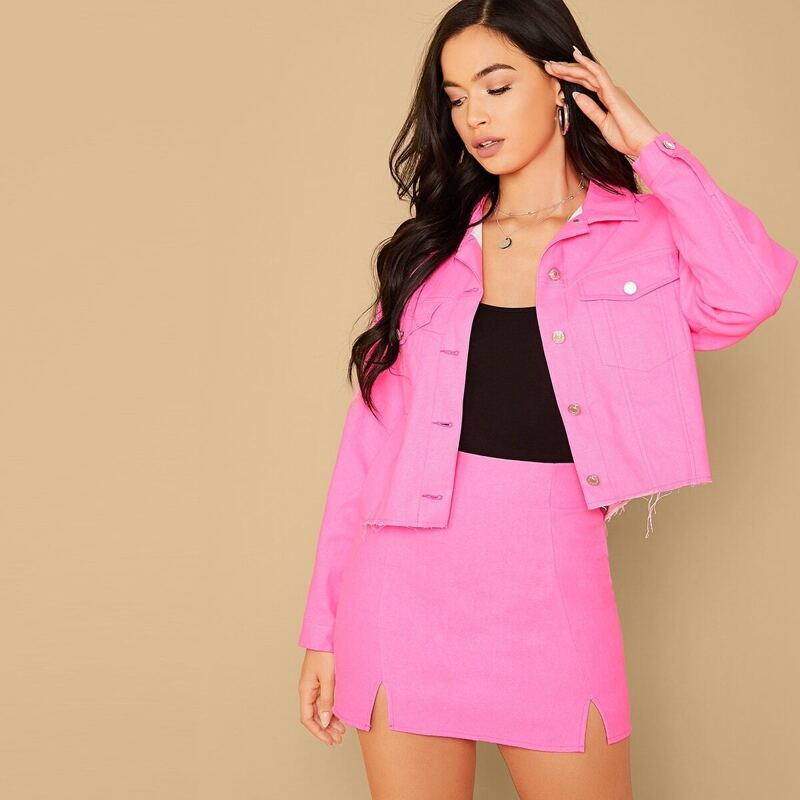 

Neon Pink Flap Pocket Button Front Jacket, Pink bright