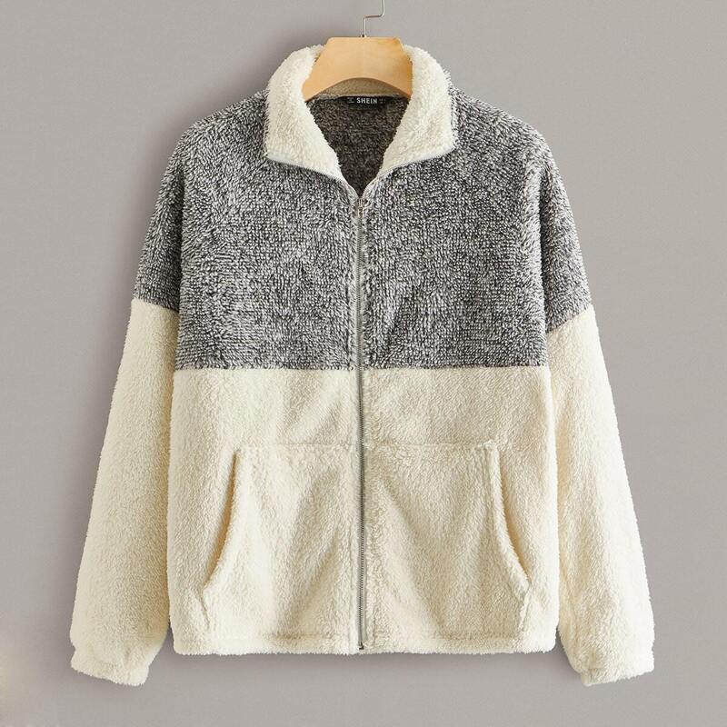 

Pocket Front Colorblock Teddy Jacket, Multicolor